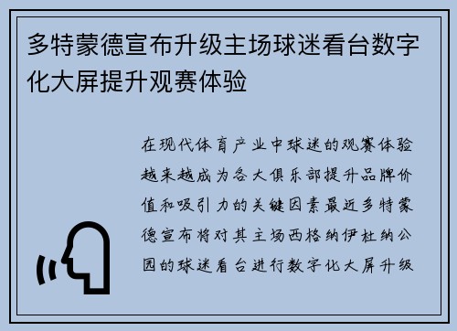 多特蒙德宣布升级主场球迷看台数字化大屏提升观赛体验