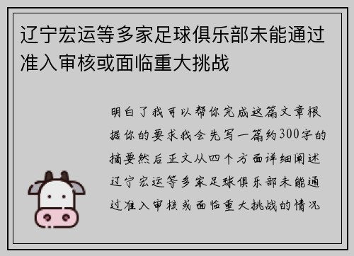 辽宁宏运等多家足球俱乐部未能通过准入审核或面临重大挑战