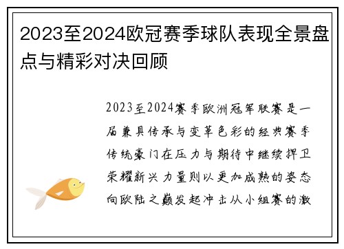 2023至2024欧冠赛季球队表现全景盘点与精彩对决回顾